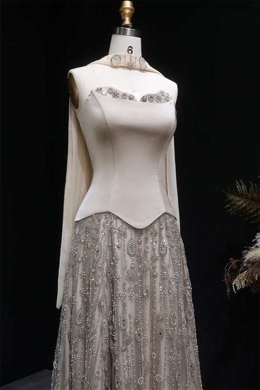 Luxurious Strapless Sleeveless A-Line Wedding Dresses Floor Length Beads With Lace-Up Back