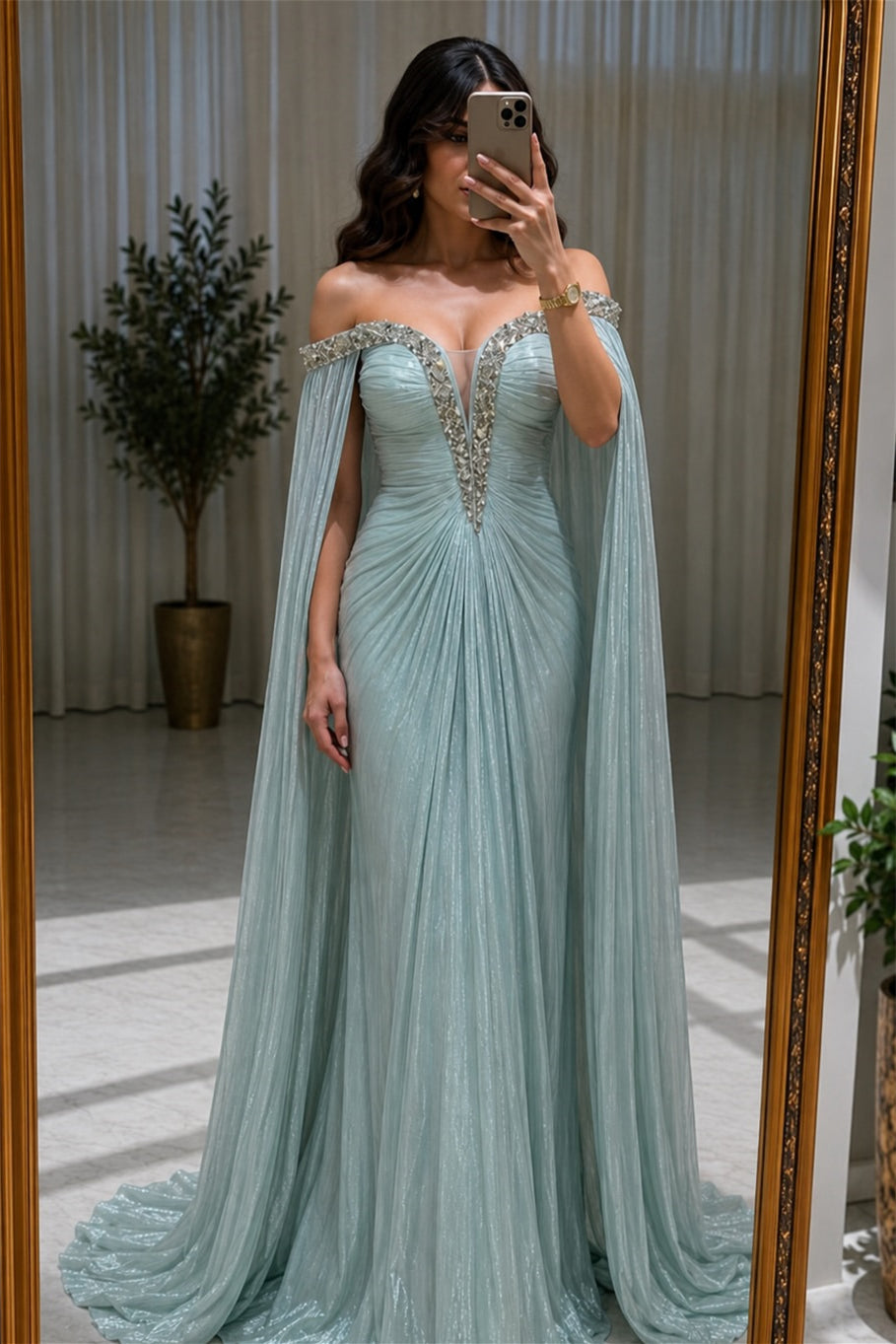Luxurious Dusty Blue Off The Shoulder Mermaid Wedding Dresses Floor Length With Pleats Ruffles