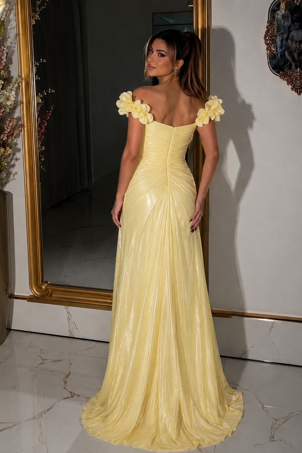 Romantic Yellow Off The Shoulder Wedding Dresses High Split With Zipper Pleats