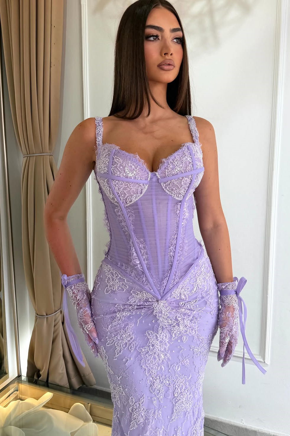 Luxurious Lilac Spaghetti-Straps Sweetheart Sleeveless Lace Wedding Dresses Mermaid With Beading