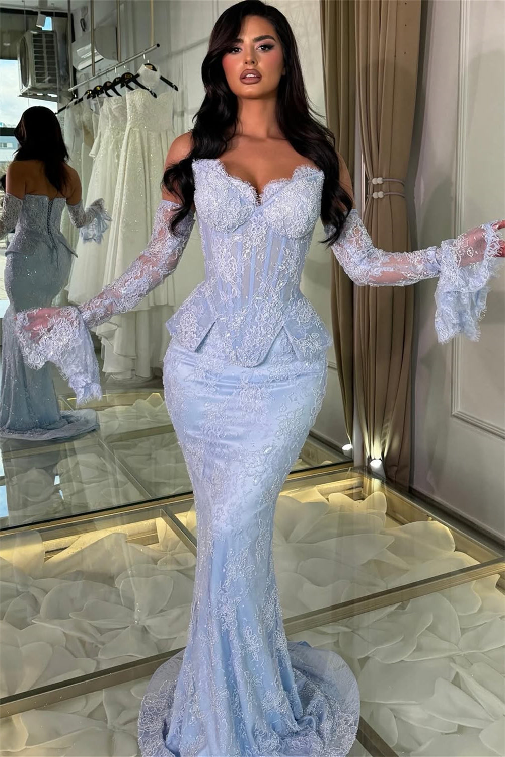 Chic Sky Blue Sweetheart Strapless Sleeveless Mermaid Lace Wedding Dresses Column With Pleats