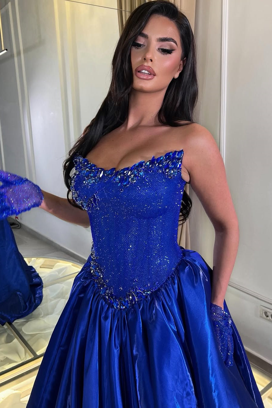 Romantic Royal Blue Strapless Sleeveless Satin Wedding Dresses Gem A-Line With Pleats