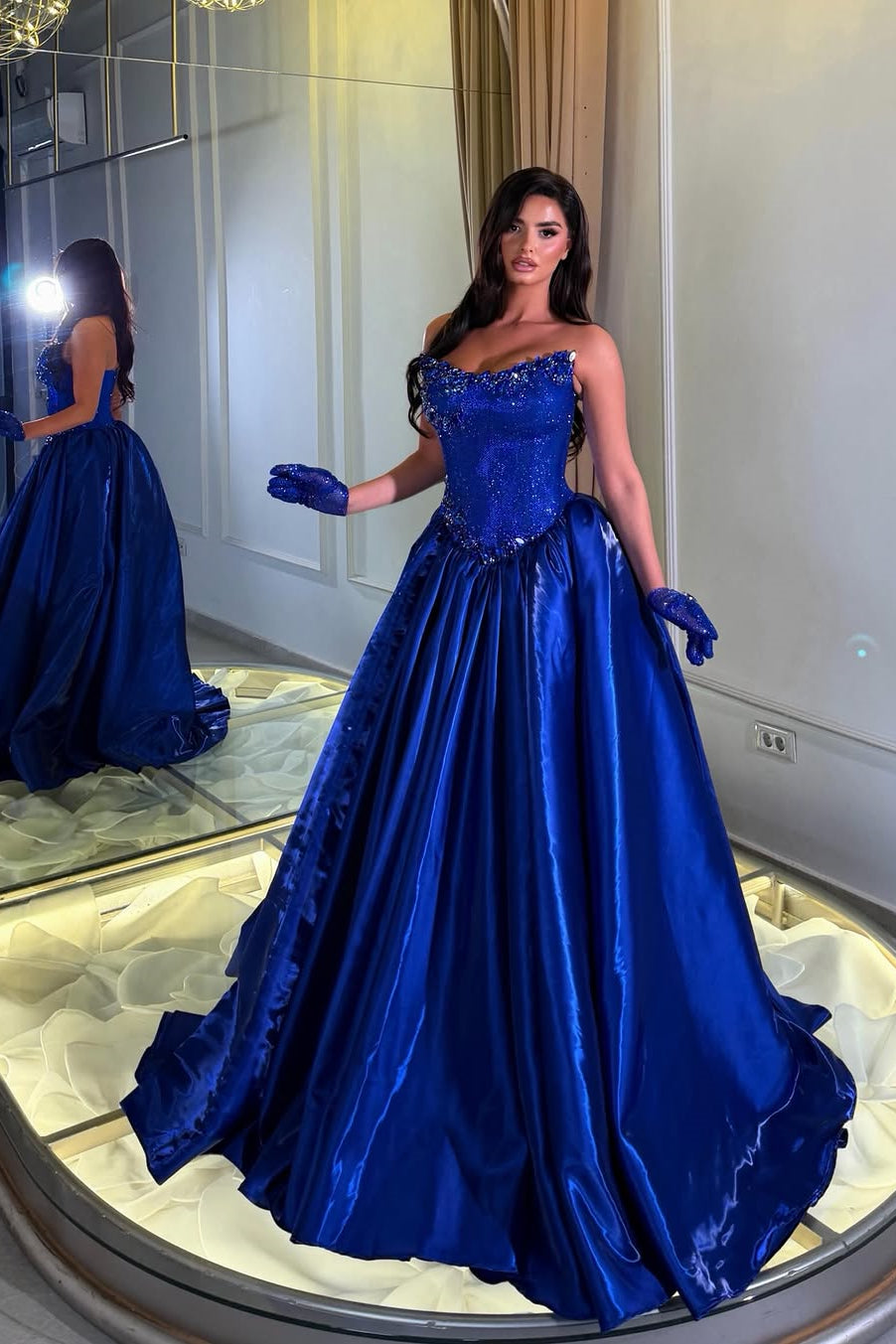 Romantic Royal Blue Strapless Sleeveless Satin Wedding Dresses Gem A-Line With Pleats