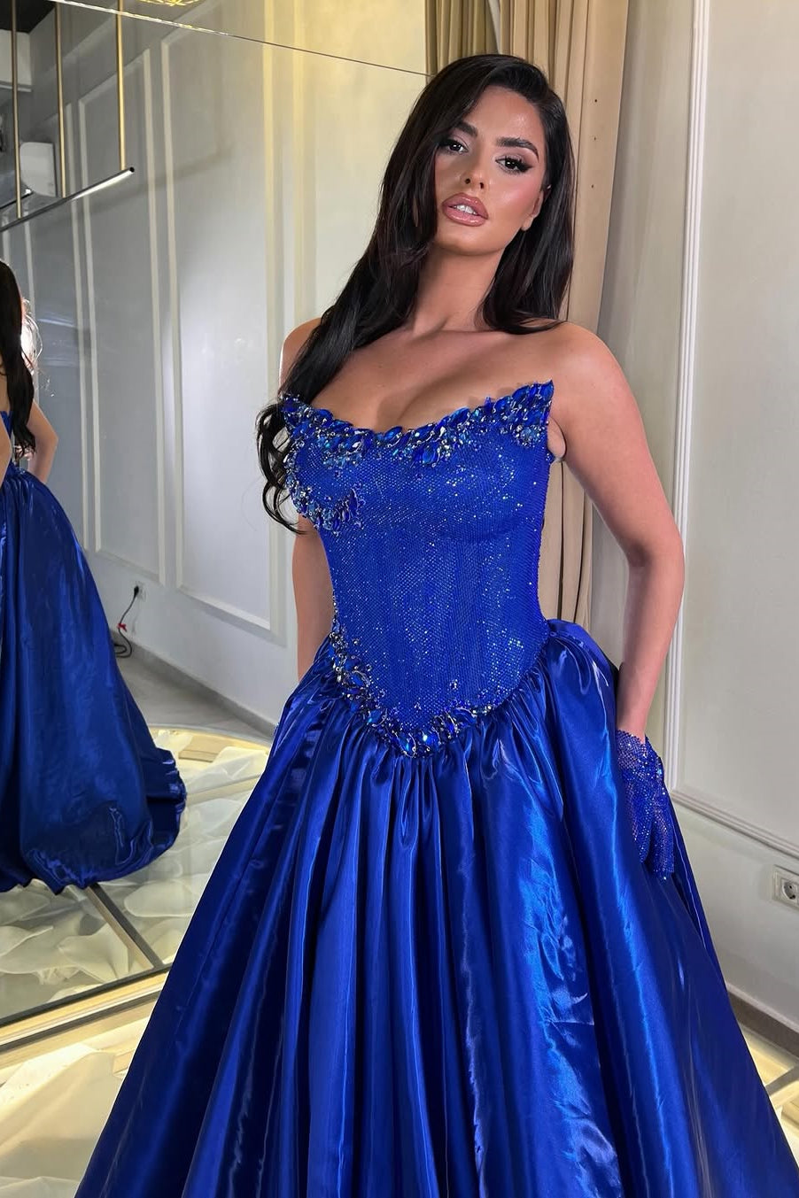 Romantic Royal Blue Strapless Sleeveless Satin Wedding Dresses Gem A-Line With Pleats