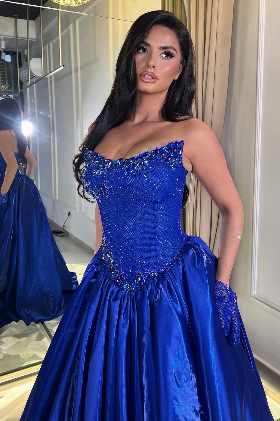 Romantic Royal Blue Strapless Sleeveless Satin Wedding Dresses Gem A-Line With Pleats