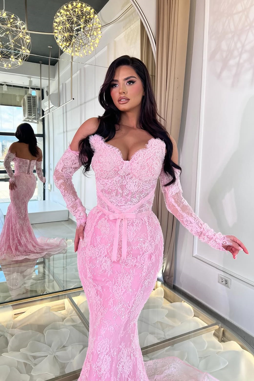 Glamorous Dusty Pink Sweetheart Strapless Sleeveless Lace Mermaid Wedding Dresses Sheath With Lace-Up Back