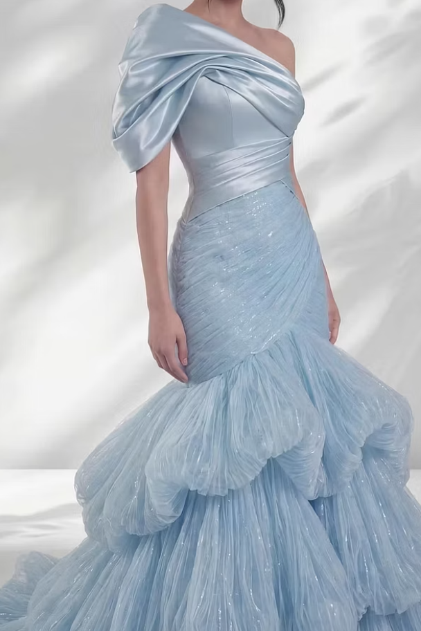 Unique Sky Blue One Shoulder Satin Wedding Dresses Column With Zipper Pleats