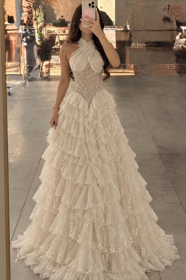 Chic Halter Sleeveless Tulle Wedding Dresses Floor Length Gem With Pleats