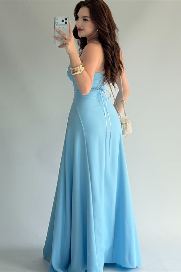 Chic Dusty Blue Sweetheart Spaghetti-Straps Sleeveless Satin Wedding Dresses Sheath With Lace-Up Back
