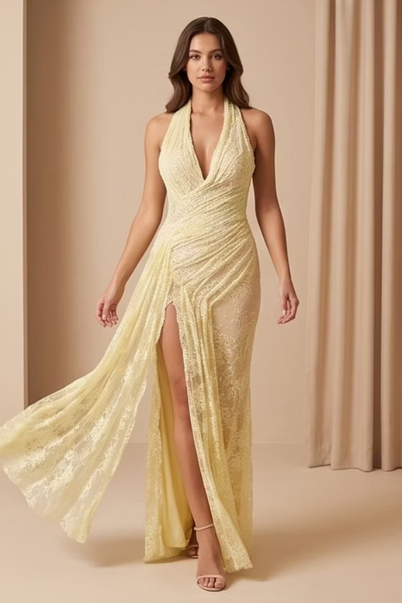 Graceful Daffodil Halter Sleeveless V-Neck Mermaid Wedding Dresses Side Split With Pleats