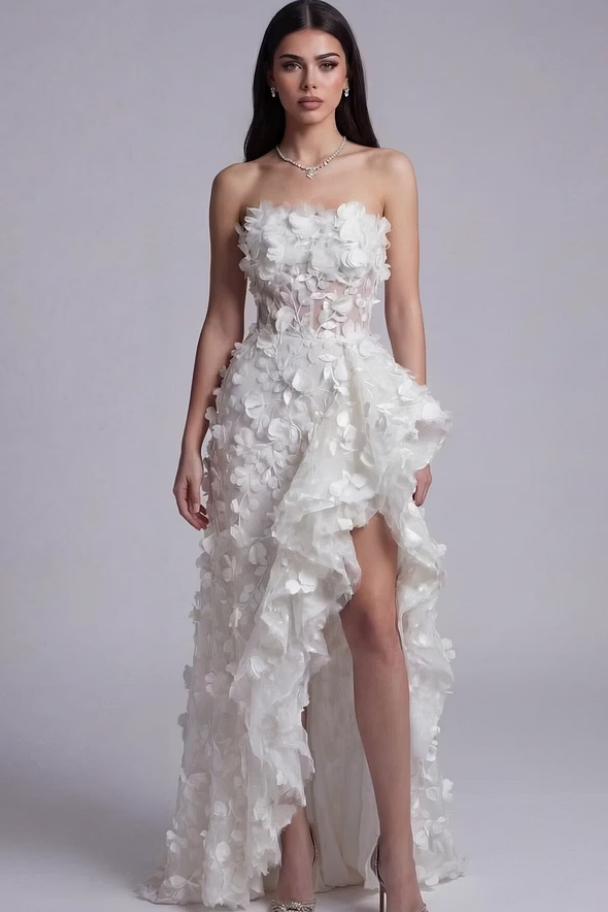 Unique Strapless Sleeveless Hi-Lo Wedding Dresses Floor Length With Zipper