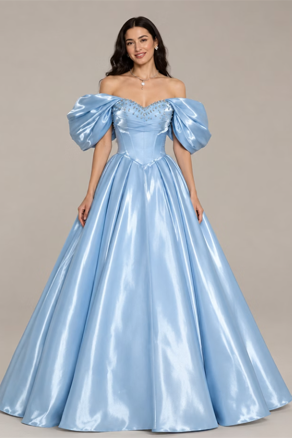 Luxurious Sky Blue Off The Shoulder Satin A-Line Wedding Dresses Floor Length With Lace-Up Back