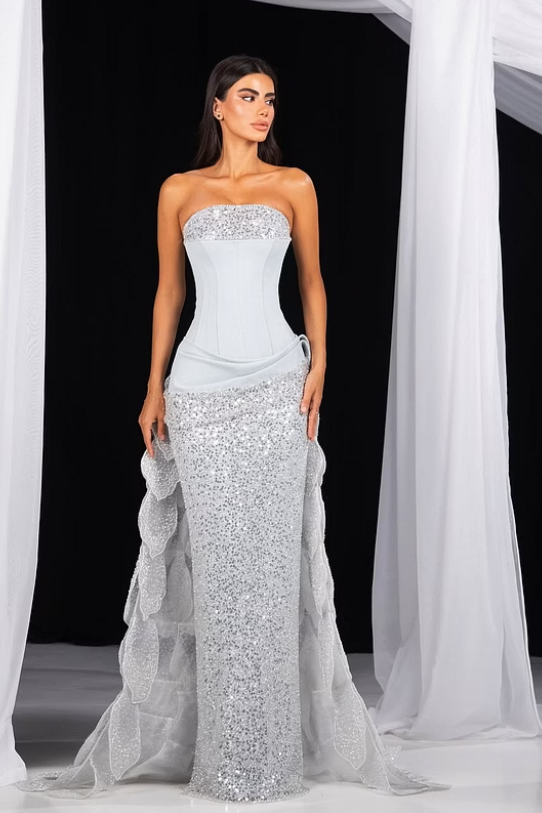 Dazzling Silver Strapless Sleeveless Mermaid Wedding Dresses Column Pleats With Lace-Up Back