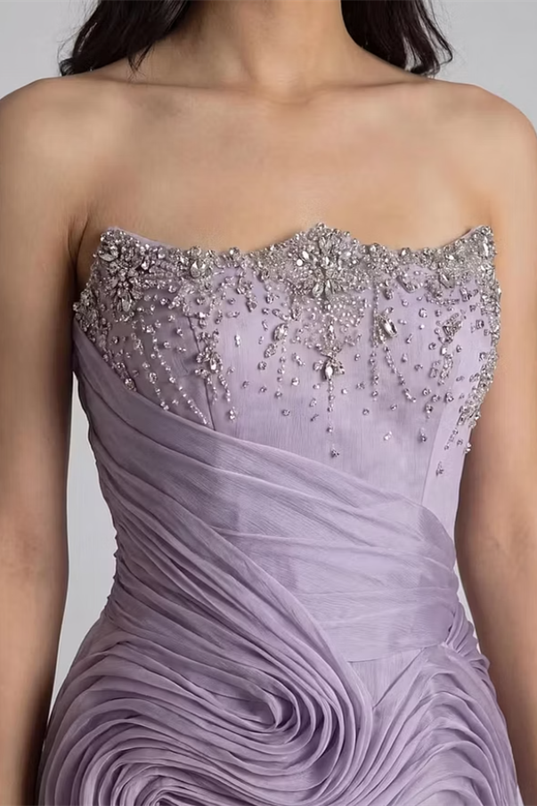 Chic Lilac Strapless Sleeveless Mermaid Wedding Dresses Gem Sheath With Zipper Pleats