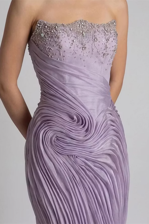 Chic Lilac Strapless Sleeveless Mermaid Wedding Dresses Gem Sheath With Zipper Pleats