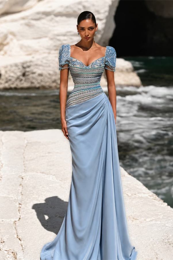 Graceful Dusty Blue Short Sleeves Mermaid Satin Wedding Dresses Beading With Pleats
