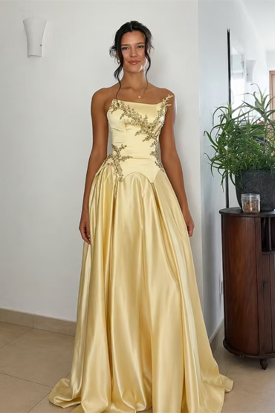 Pretty Daffodil Strapless Sleeveless Satin A-Line Wedding Dresses Floor Length Gem With Lace-Up Back