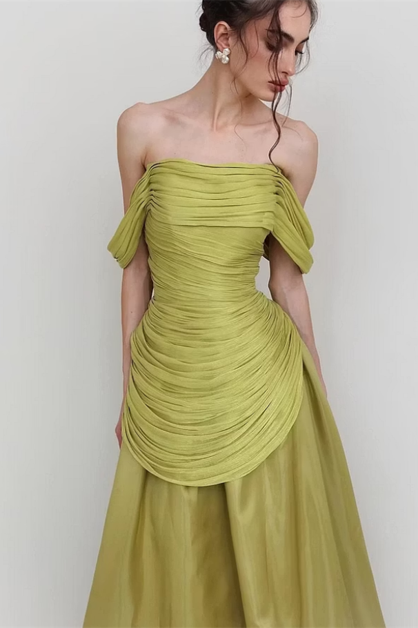 Chic Sage Off The Shoulder Wedding Dresses Floor Length With Pleats