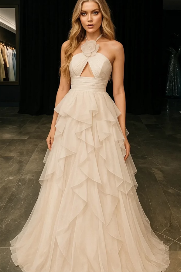 Glamorous Halter Sleeveless Chiffon A-Line Wedding Dresses Floor Length With Pleats