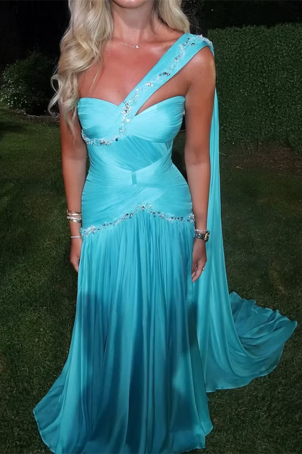 Timeless Blue Sweetheart Sleeveless Chiffon Wedding Dresses Gem Floor Length With Zipper Pleats