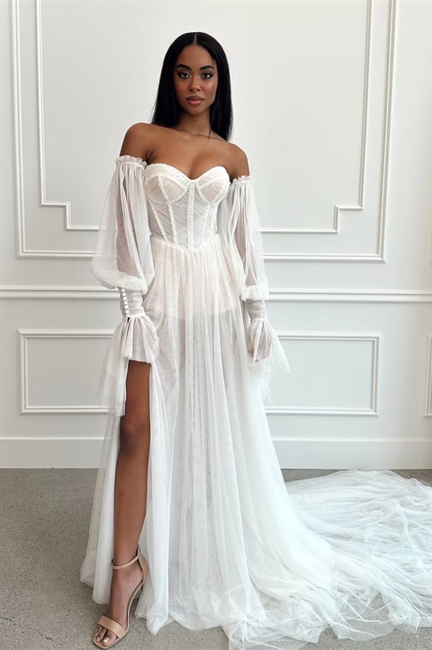 Pretty Sweetheart Strapless Wedding Dresses Side Split With Detachable Sleeves Pleats
