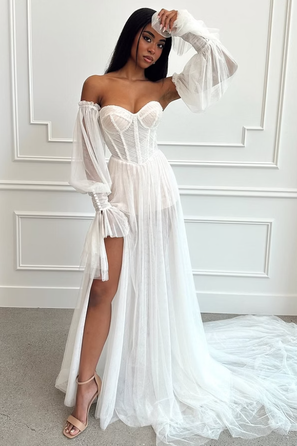 Pretty Sweetheart Strapless Wedding Dresses Side Split With Detachable Sleeves Pleats