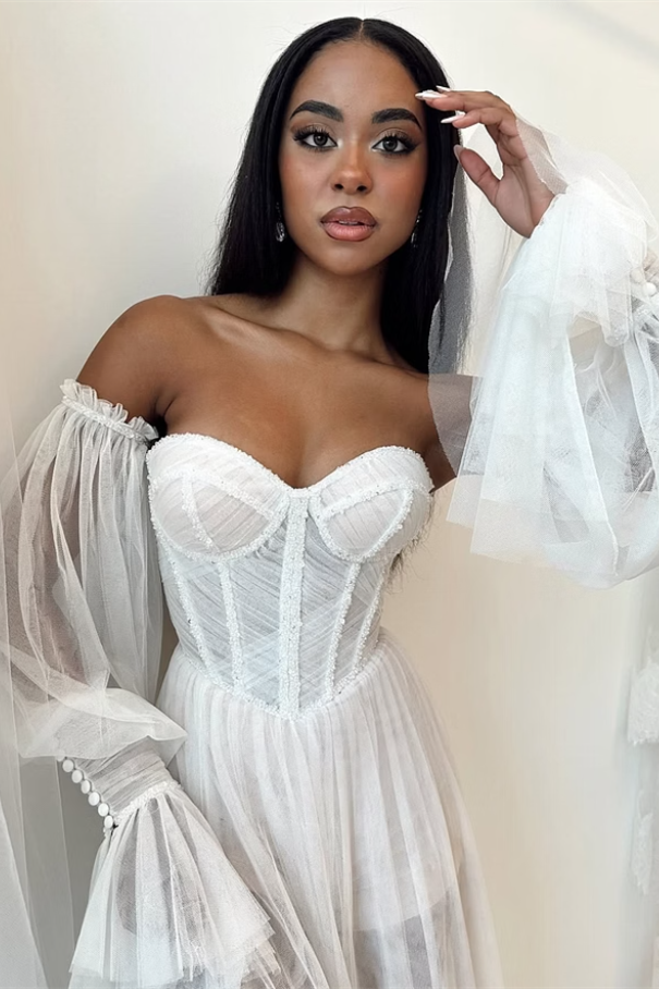 Pretty Sweetheart Strapless Wedding Dresses Side Split With Detachable Sleeves Pleats