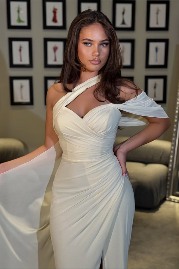 Graceful One Shoulder Asymmetrical Sweetheart Mermaid Satin Wedding Dresses High Split With Pleats
