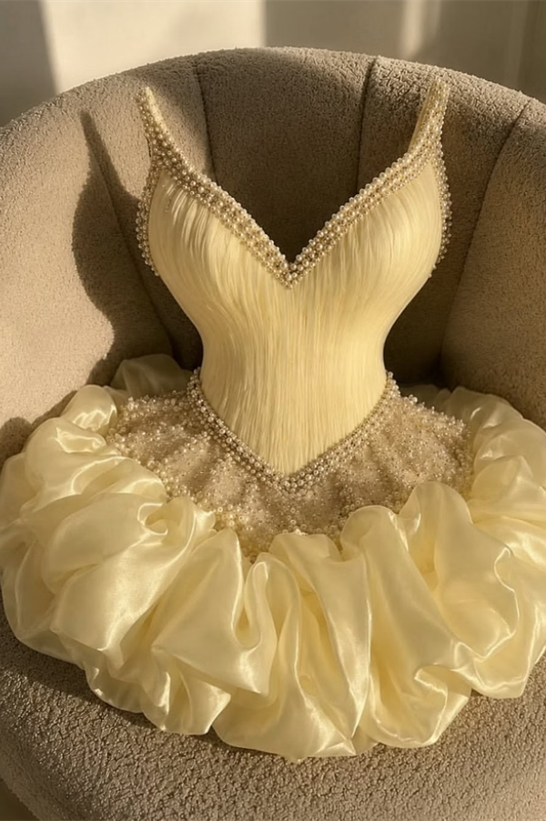 Chic Daffodil V-Neck Straps Sleeveless Homecoming Dresses Mini With Pearl Pleats
