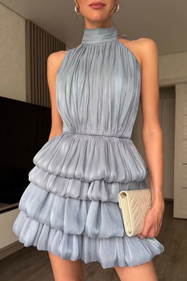 Chic Dusty Blue Halter Sleeveless Homecoming Dresses Mini With Pleats
