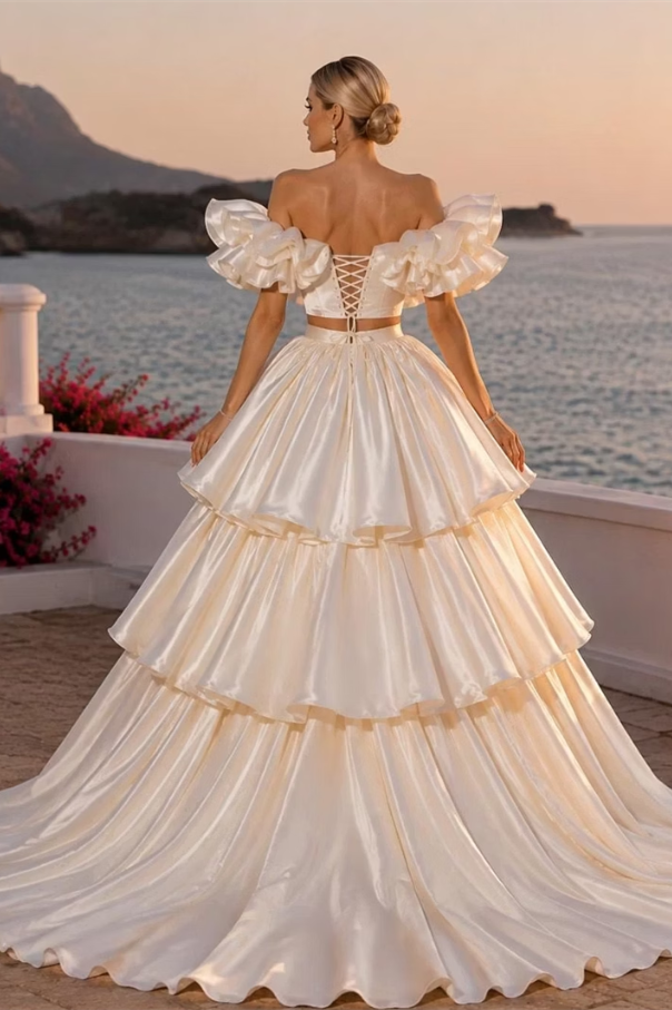 Graceful Off The Shoulder Two-Piece Satin A-Line Wedding Dresses High Split With Lace-Up Back Pleats