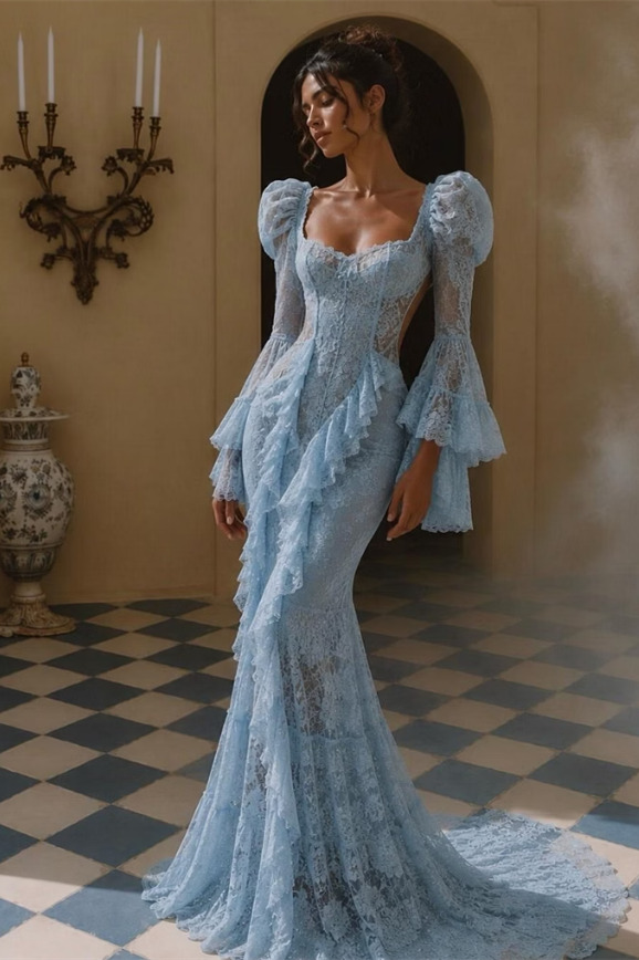 Graceful Sky Blue Long Sleeves Mermaid Lace Wedding Dresses Sheath Backless With Pleats