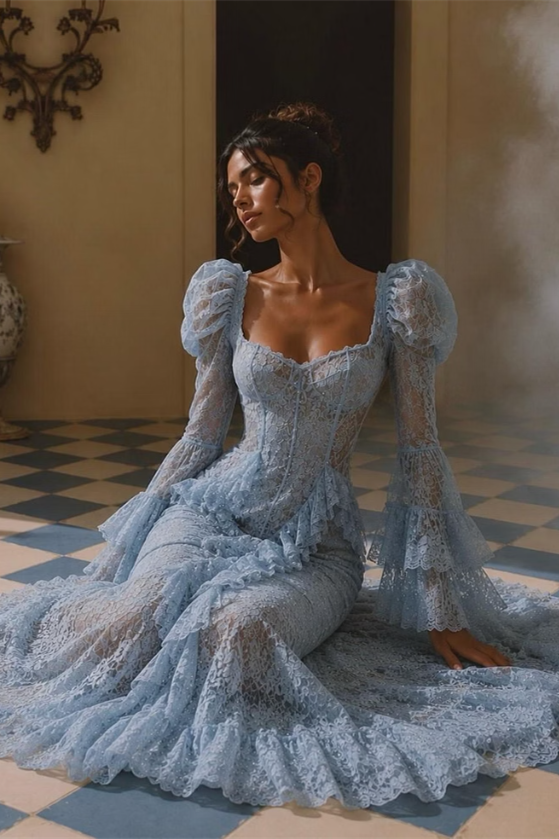 Graceful Sky Blue Long Sleeves Mermaid Lace Wedding Dresses Sheath Backless With Pleats