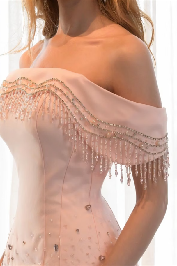 Unique Pink Off The Shoulder Mermaid Satin Tulle Wedding Dresses Column Beading With Pleats
