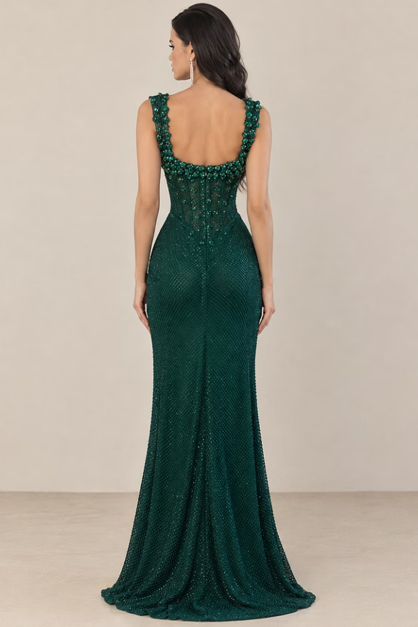 Dazzling Dark Green Straps Sleeveless Mermaid Wedding Dresses Side Split Gem With Zipper