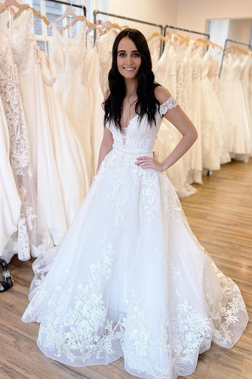 A-Line Appliques Lace Off-the-Shoulder Sweetheart Train Wedding Dress - Charming Look-BallBride