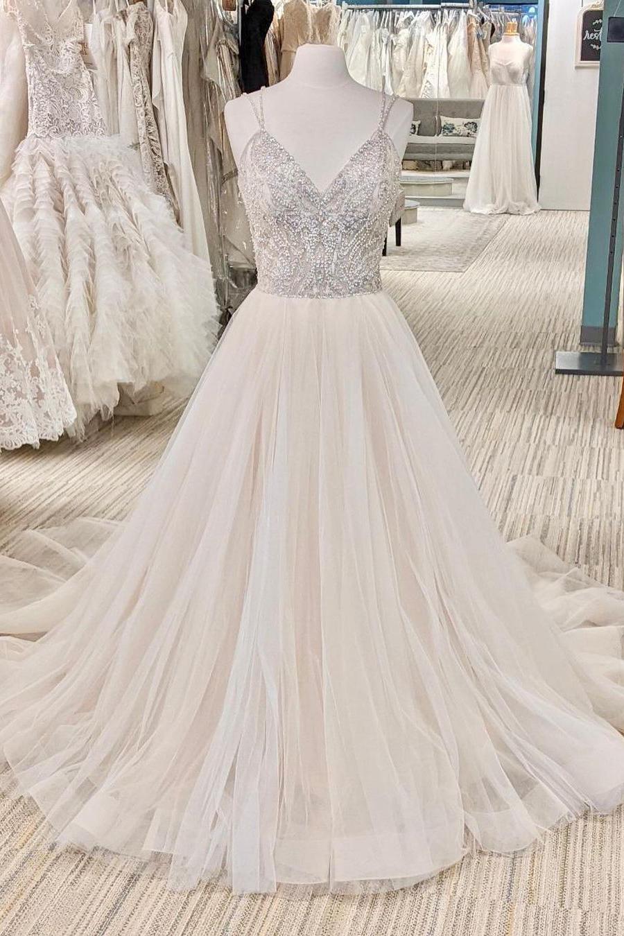 A-line Backless Pearl Long Wedding Dress With V-neck for Your Special Day-BallBride
