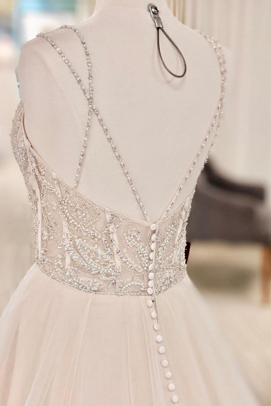 A-line Backless Pearl Long Wedding Dress With V-neck for Your Special Day-BallBride