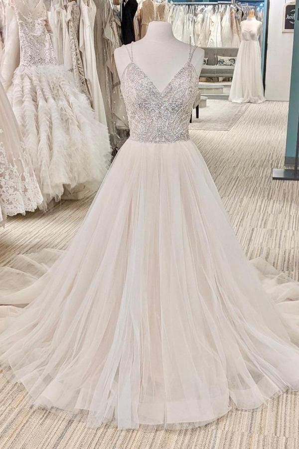 A-line Backless Pearl Long Wedding Dress With V-neck for Your Special Day-BallBride