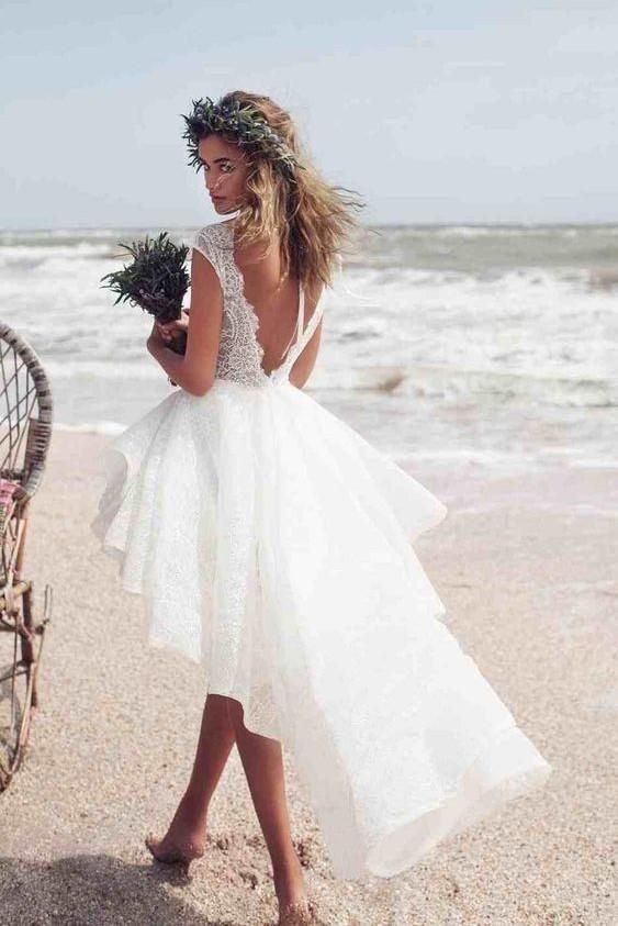 A-line Bateau Lace Beach Wedding Dress with Boho Hi-Lo Sleeveless-BallBride