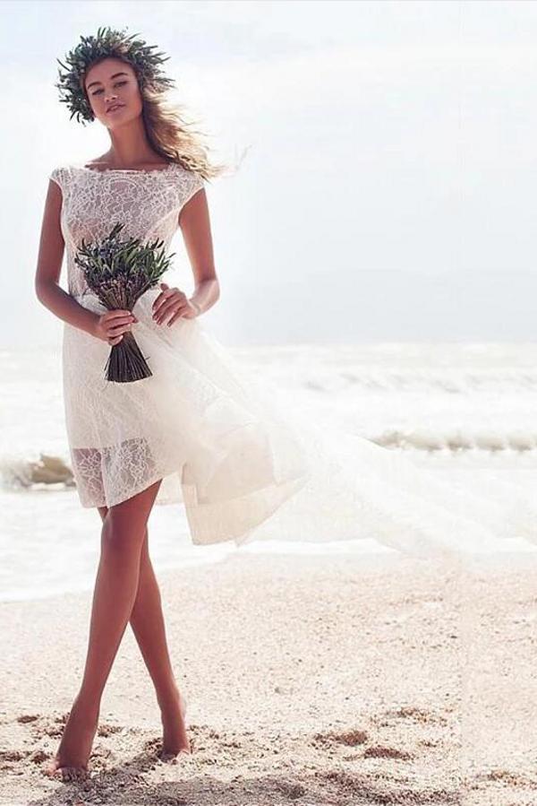 A-line Bateau Lace Beach Wedding Dress with Boho Hi-Lo Sleeveless-BallBride
