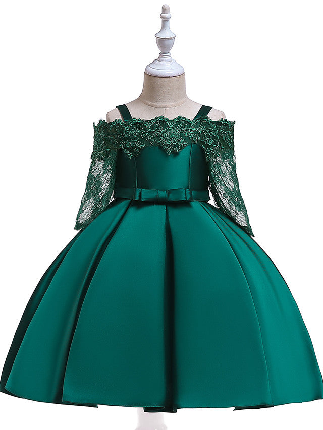 A-Line Cotton Blend Flower Girl Dress with Lace Sash & Ribbon Trim - 3/4 Length Sleeve Off Shoulder-BallBride
