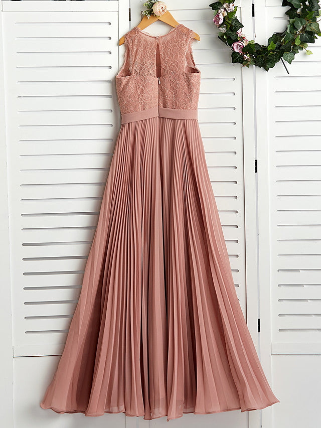A-Line Crew Neck Flower Girl Maxi Dress with Chiffon Lace and Lace Pleats-BallBride