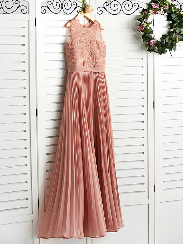 A-Line Crew Neck Flower Girl Maxi Dress with Chiffon Lace and Lace Pleats-BallBride