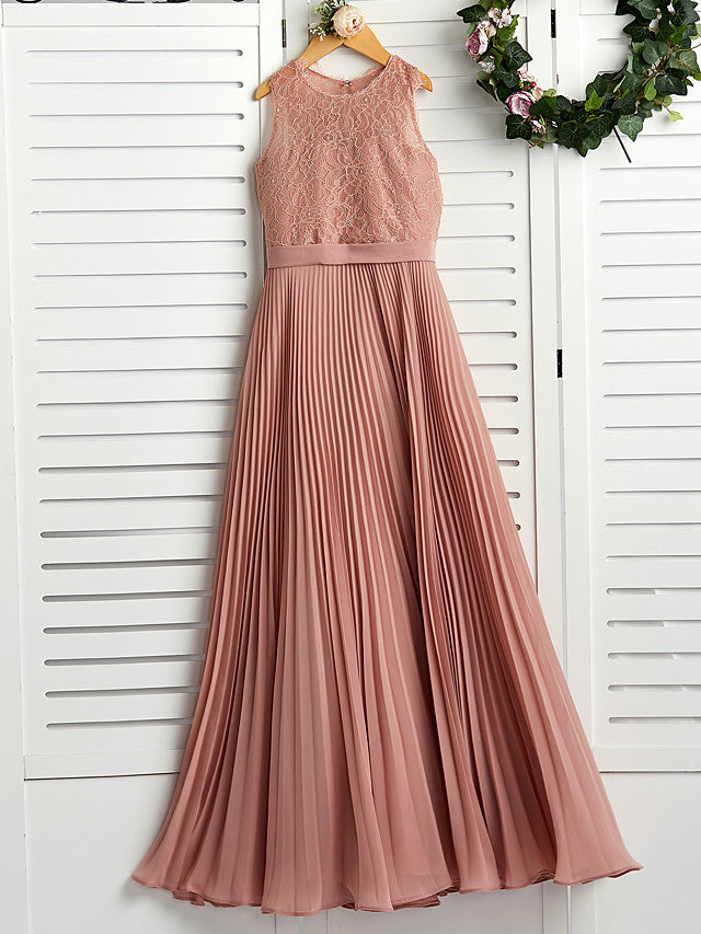 A-Line Crew Neck Flower Girl Maxi Dress with Chiffon Lace and Lace Pleats-BallBride