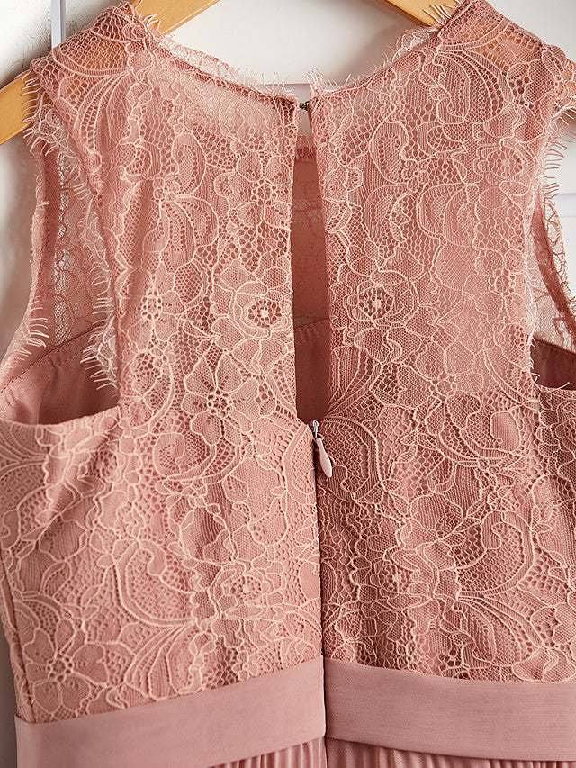 A-Line Crew Neck Flower Girl Maxi Dress with Chiffon Lace and Lace Pleats-BallBride