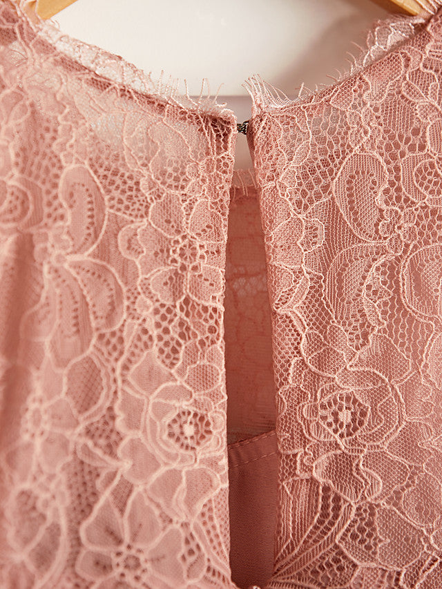 A-Line Crew Neck Flower Girl Maxi Dress with Chiffon Lace and Lace Pleats-BallBride
