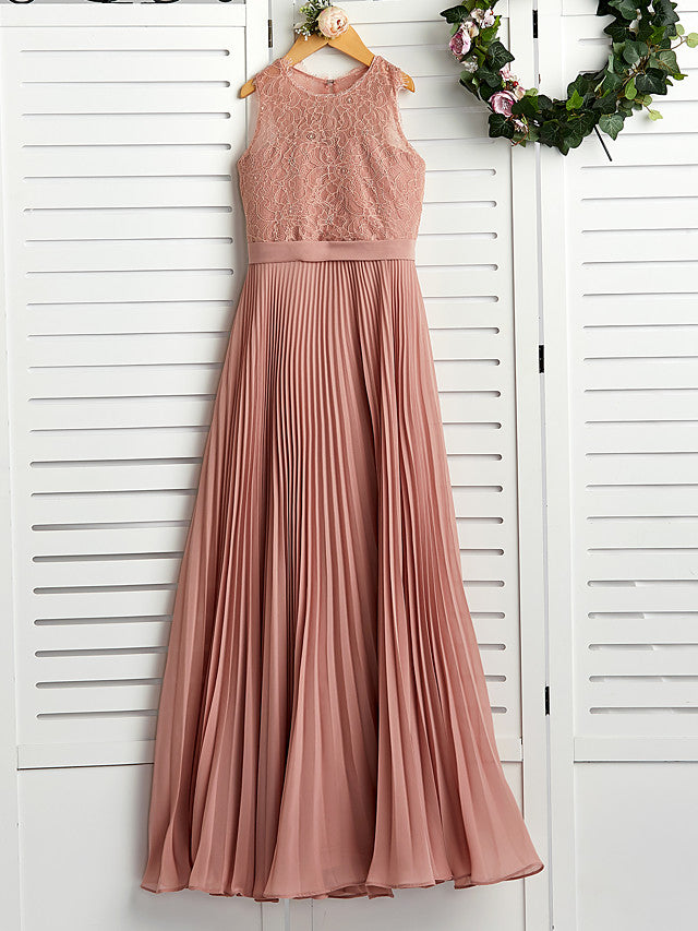 A-Line Crew Neck Flower Girl Maxi Dress with Chiffon Lace and Lace Pleats-BallBride