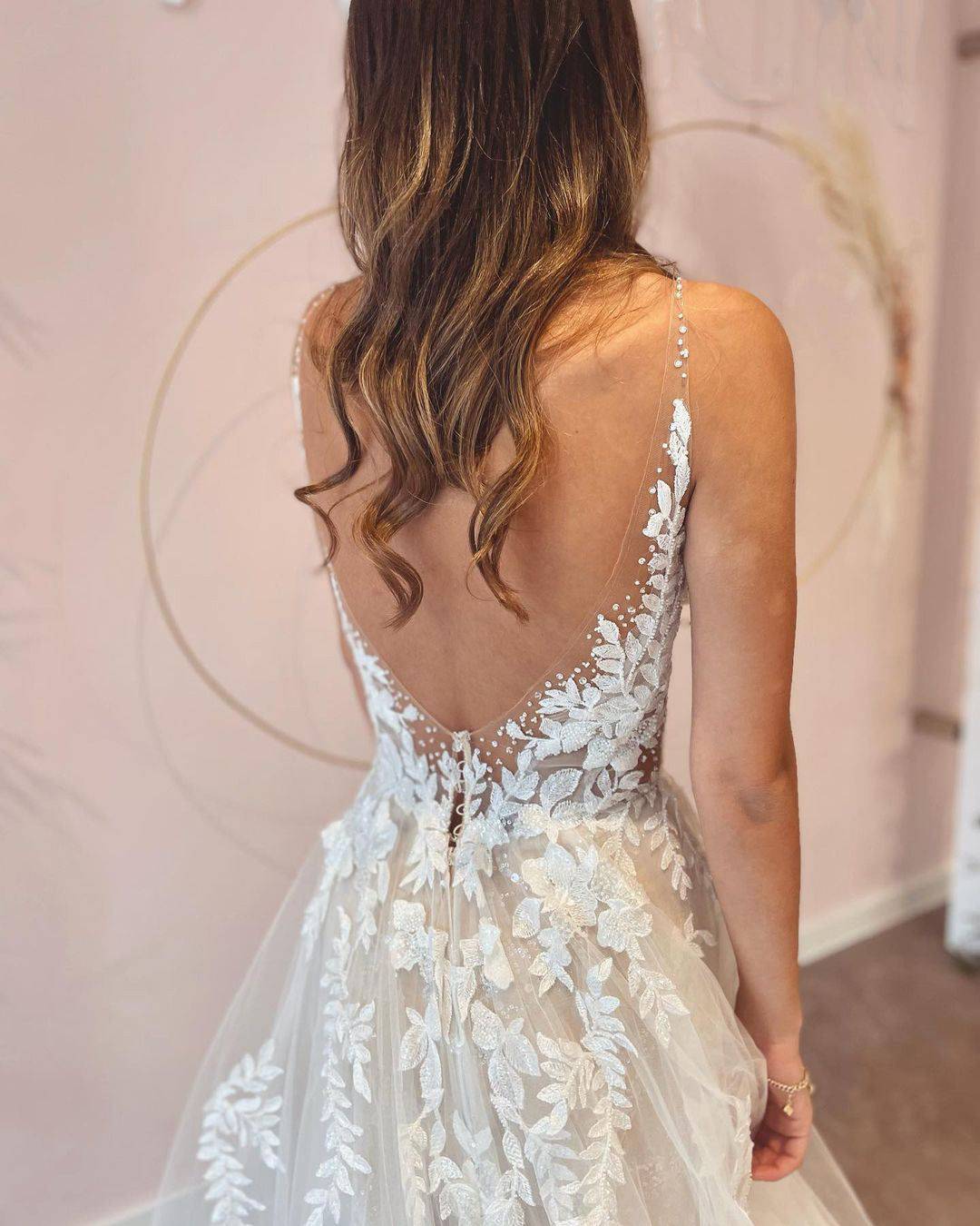 A-Line Deep V-neck Backless Wedding Dress with Appliques Lace Tulle-BallBride