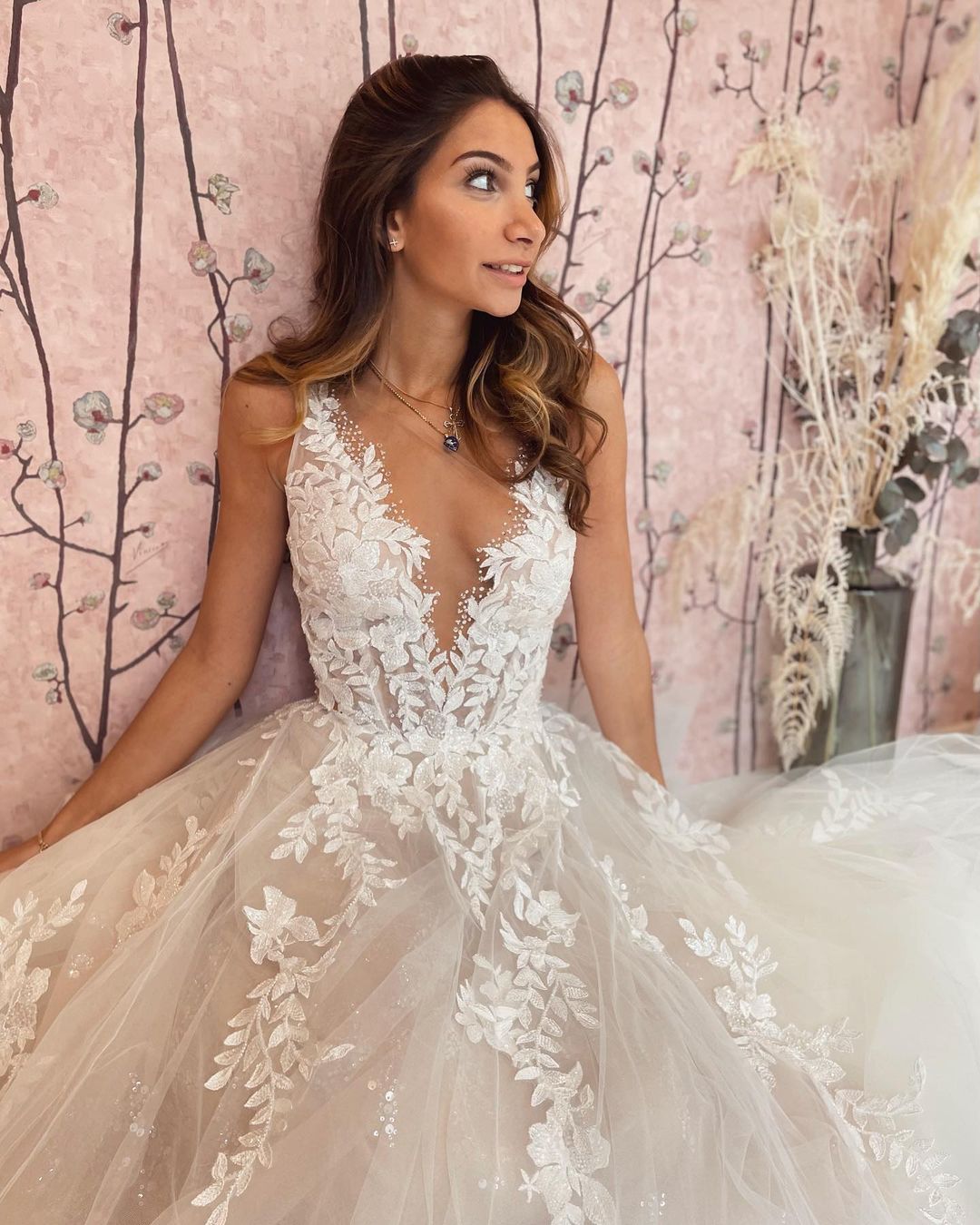 A-Line Deep V-neck Backless Wedding Dress with Appliques Lace Tulle-BallBride